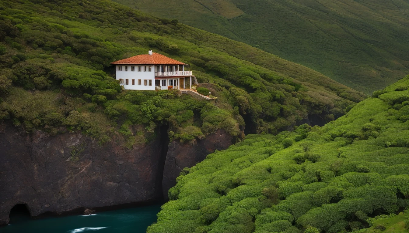 Uma casa estilo japosa em madeira no alto de uma montanha, with a plain behind and next to a quiet river with stones.