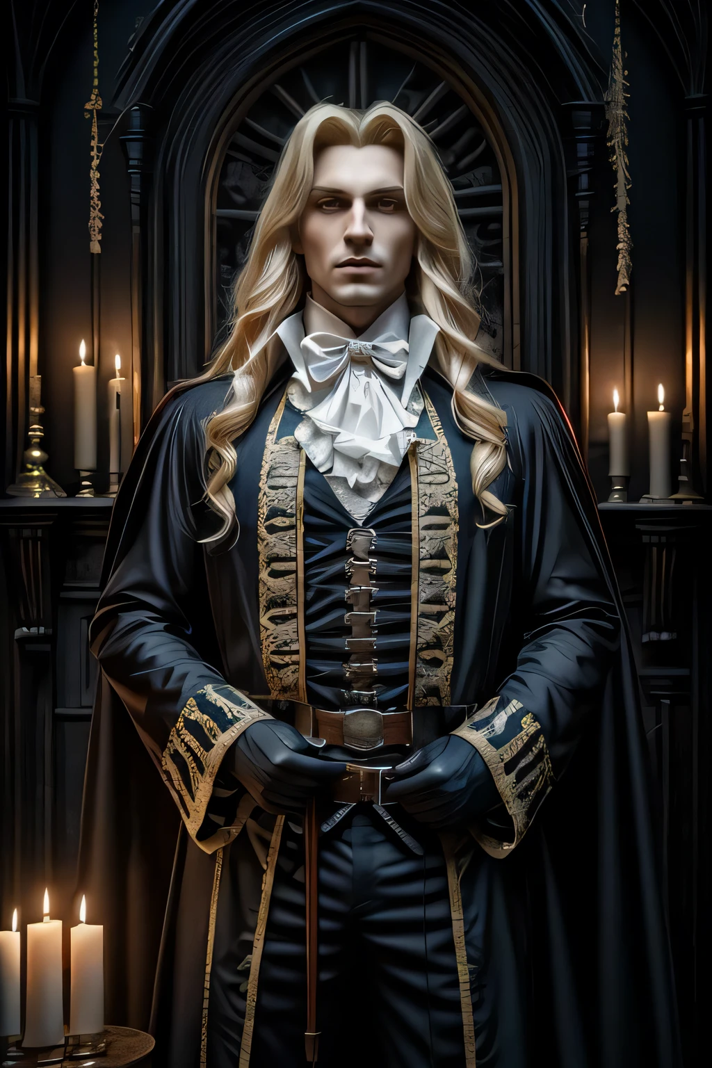 1man, handsome man, portrait upper body of alucardcastlevania wear court suit in bedroomgothic room, candle, looking at viewer, dim light, dark, horror \(theme\), realistic, long blonde,