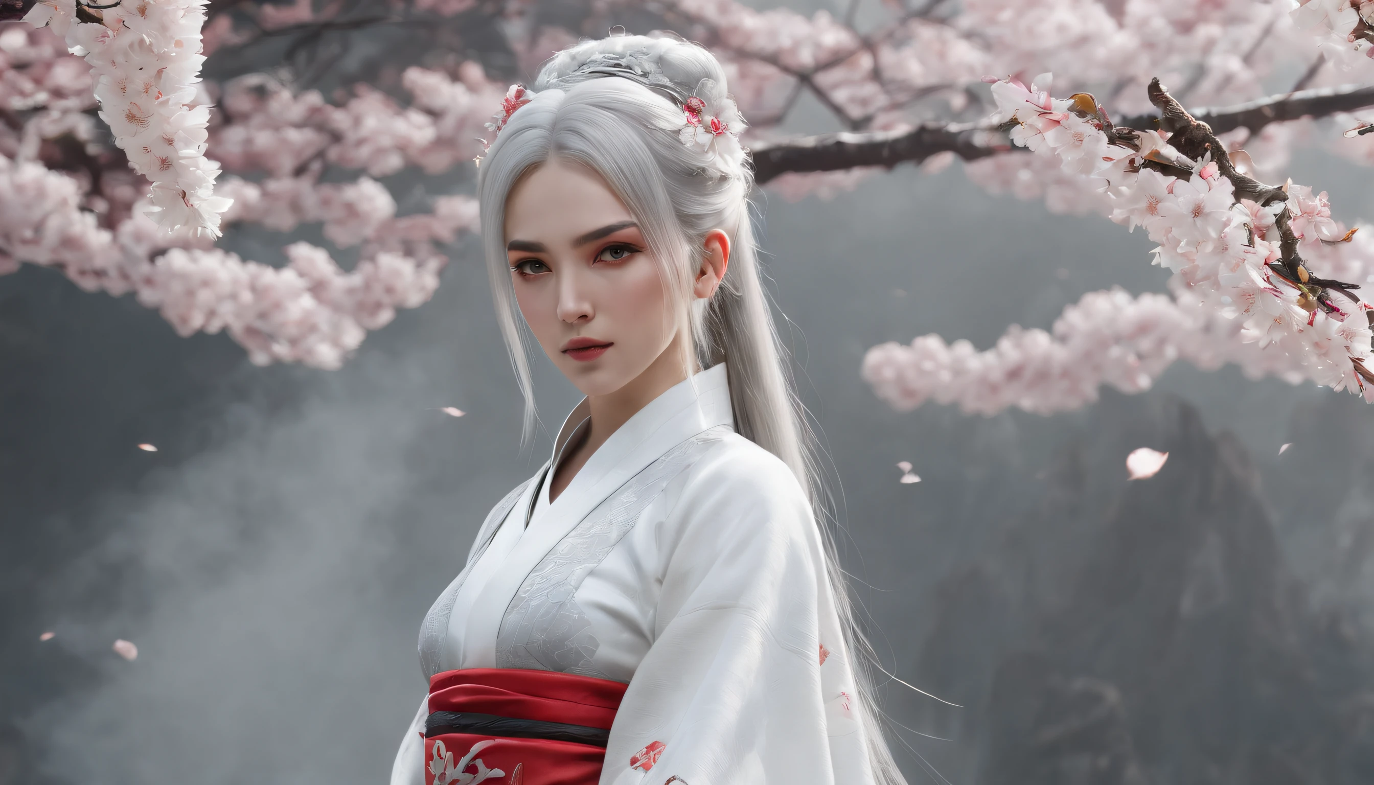 Cirilla Fiona Elen Riannon,动态照明,art stations,poster for,Volumetriclighting,Very detailed faces,4k wallpapers,He has a delicate and beautiful face,long hair flowing,horse tailed,Fringed Hair Ornament,Dynamic perspective,White Hanfu,White gauze flying,red waistband,Sexy,Tradition Chinese Ink Painting,Surrounded by clouds,fog atmosphere,cherry blossom,Ride a white dragon,White dragon horn,dynamic viewing angle,电影灯光