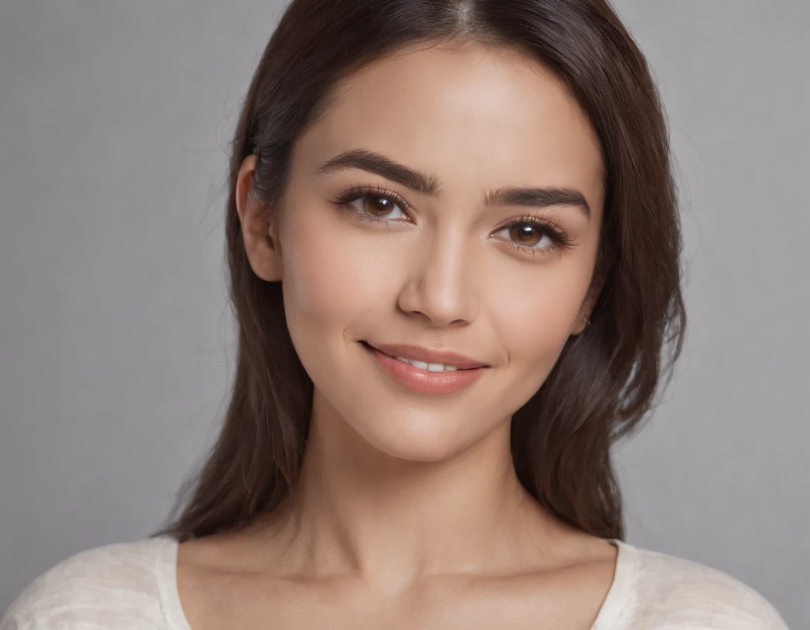 (Photo: 1.3) af (realism: 1.3), (Hispanic), Latina woman profile picture, (frontal close-up), soft light, clear face, happy, cheerful, warm light, white T-shirt, (off-white background), (blank background), ((gray wall background)) avatar, (long hair), smile, beautiful, young,, short hair, smile, (close-up)