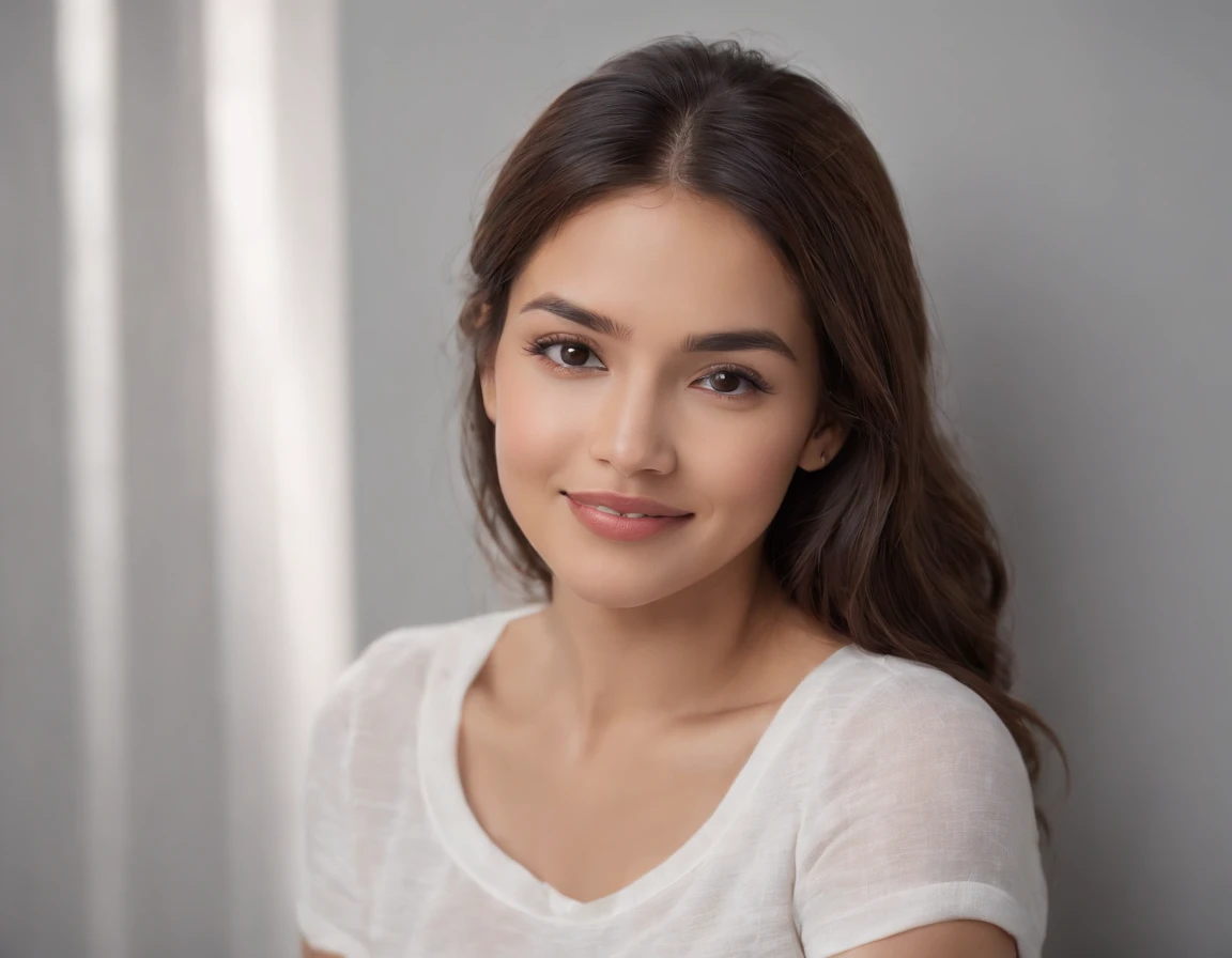 (Photo: 1.3) af (realism: 1.3), (Hispanic), Latina woman profile picture, (frontal close-up), soft light, clear face, happy, cheerful, warm light, white T-shirt, (off-white background), (blank background), ((gray wall background)) avatar, (long hair), smile, beautiful, young,, short hair, smile, (close-up)