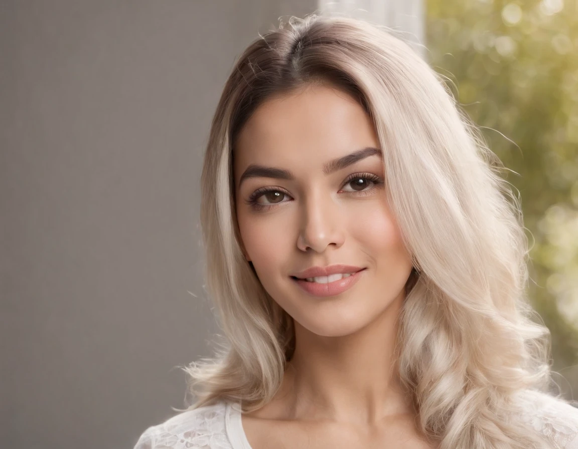 (Photo: 1.3) af (realism: 1.3), (Hispanic), Latina woman profile picture, (frontal close-up), soft light, clear face, happy, cheerful, warm light, white T-shirt, (off-white background), (blank background), ((gray wall background)) avatar, (long hair), smile, beautiful, young,, short hair, smile, (close-up)