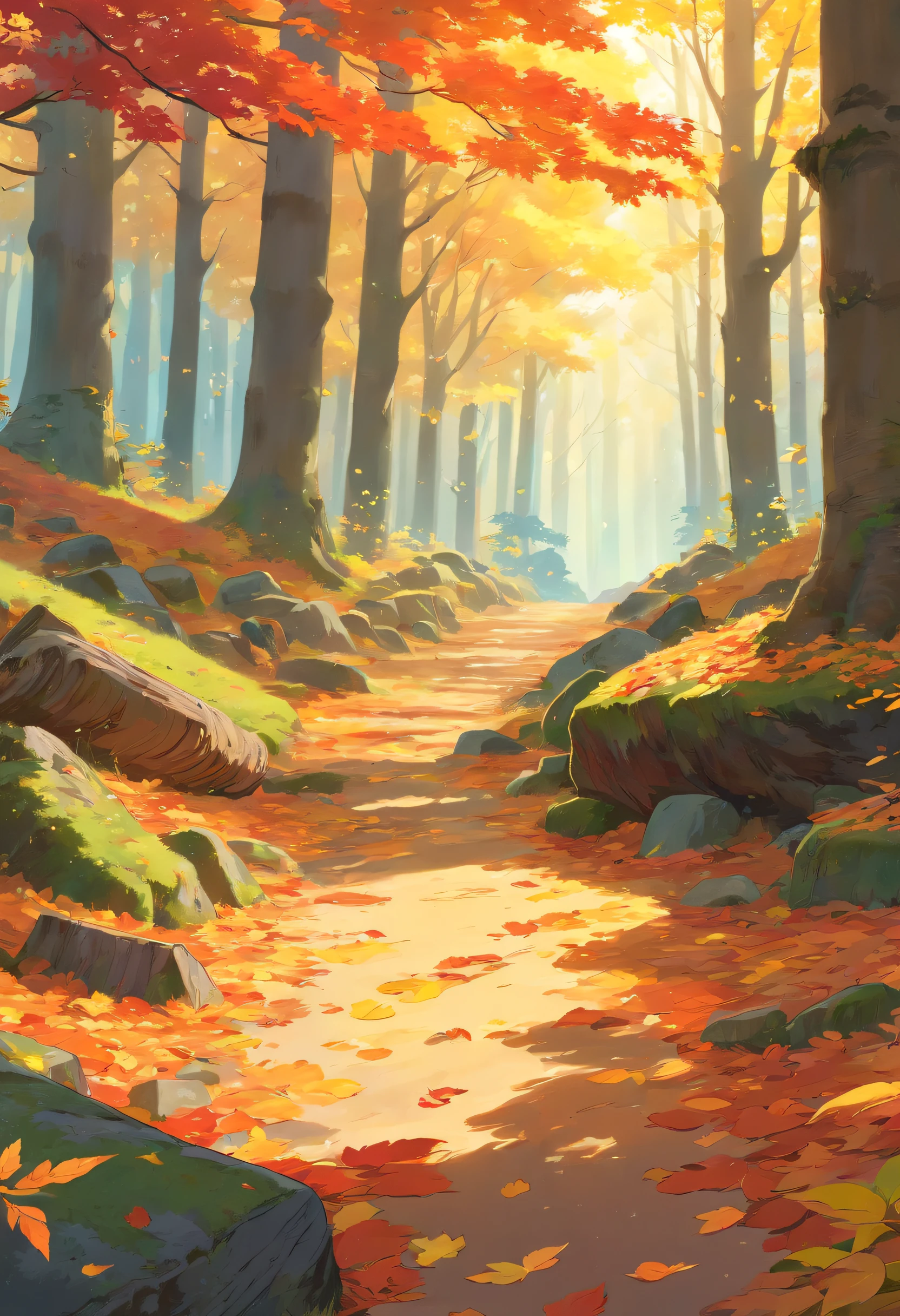 best quality,ultra-detailed,realistic,landscape,autumn,beautiful warm colors,sunlight streaming through trees,vibrant foliage,tranquil atmosphere,crisp air,subtle mist,fallen leaves covering the ground,rays of sunlight peeking through the canopy,dappled light,quiet stillness,sturdy tree trunk,majestic branches reaching towards the sky,cascading leaves gently floating in the air,delicate autumn leaf dancing in the wind,rich texture of tree bark,lovely shades of orange,red,and yellow,colorful leaves carpeting the forest floor,whispering sound of rustling leaves,moss-covered rocks and fallen logs,golden hour lighting,peaceful and serene ambience.