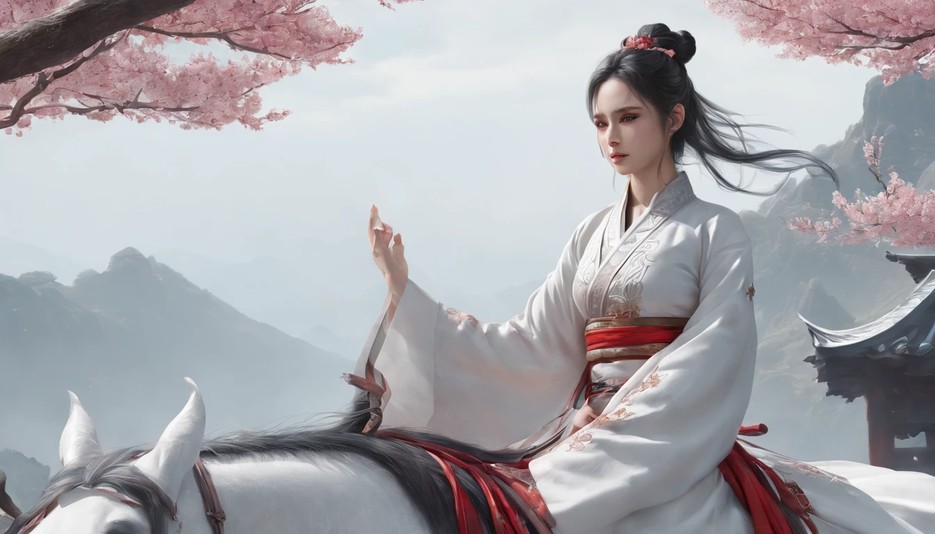 Cirilla Fiona Elen Riannon，动态照明，art  stations，poster for，Volumetriclighting，Very detailed faces，4k wallpapers，He has a delicate and beautiful face，long hair flowing，horse tailed，Fringed Hair Ornament，Dynamic perspective，White Hanfu，White gauze flying，red waistband，Sexy，Tradition Chinese Ink Painting，Surrounded by clouds，fog atmosphere，cherry blossom，Ride a white dragon，White dragon horn，dynamic viewing angle，电影灯光