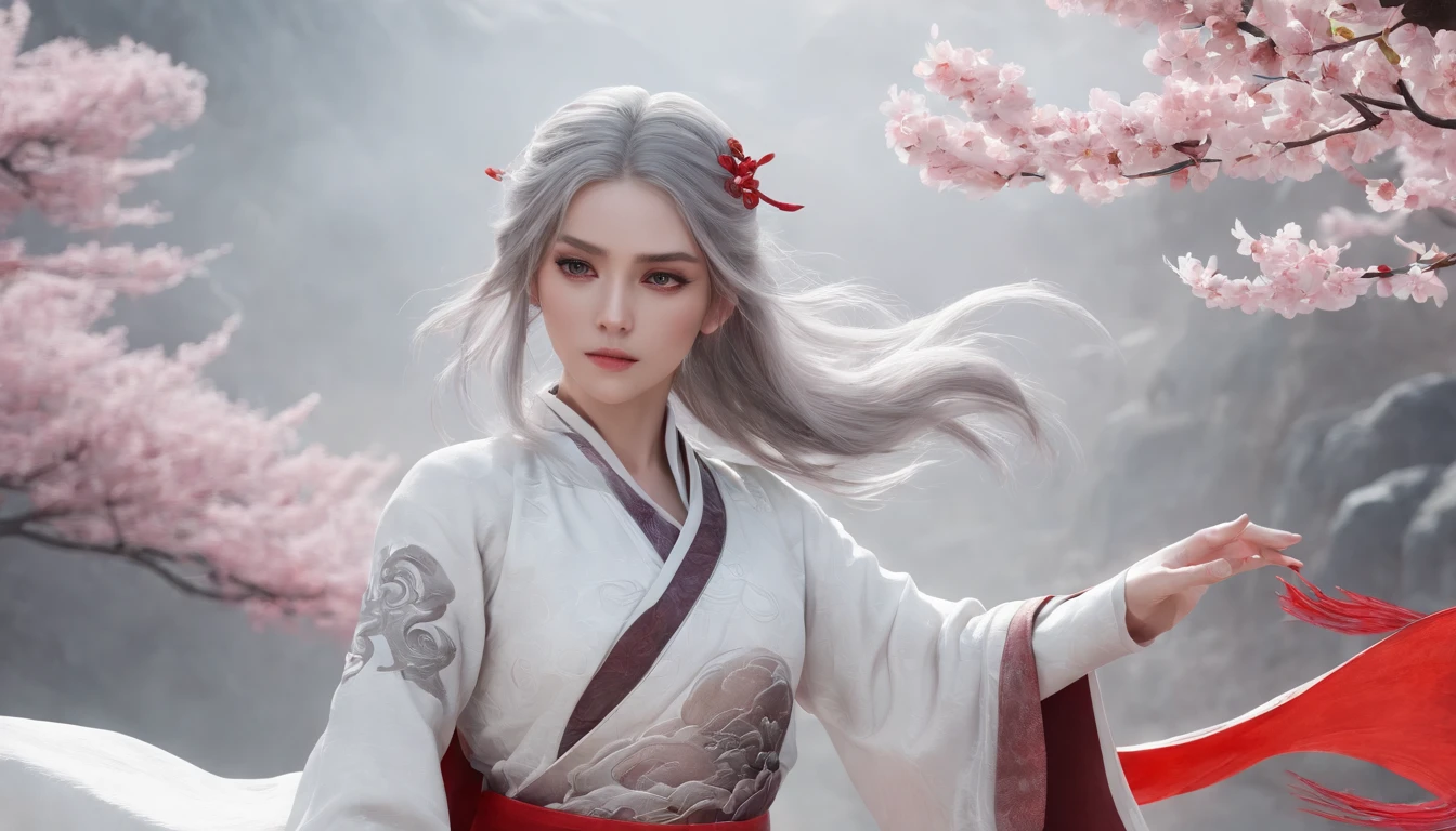 Cirilla Fiona Elen Riannon,动态照明,art stations,poster for,Volumetriclighting,Very detailed faces,4k wallpapers,He has a delicate and beautiful face,long hair flowing,horse tailed,Fringed Hair Ornament,Dynamic perspective,White Hanfu,White gauze flying,red waistband,Sexy,Tradition Chinese Ink Painting,Surrounded by clouds,fog atmosphere,cherry blossom,Ride a white dragon,White dragon horn,dynamic viewing angle,电影灯光