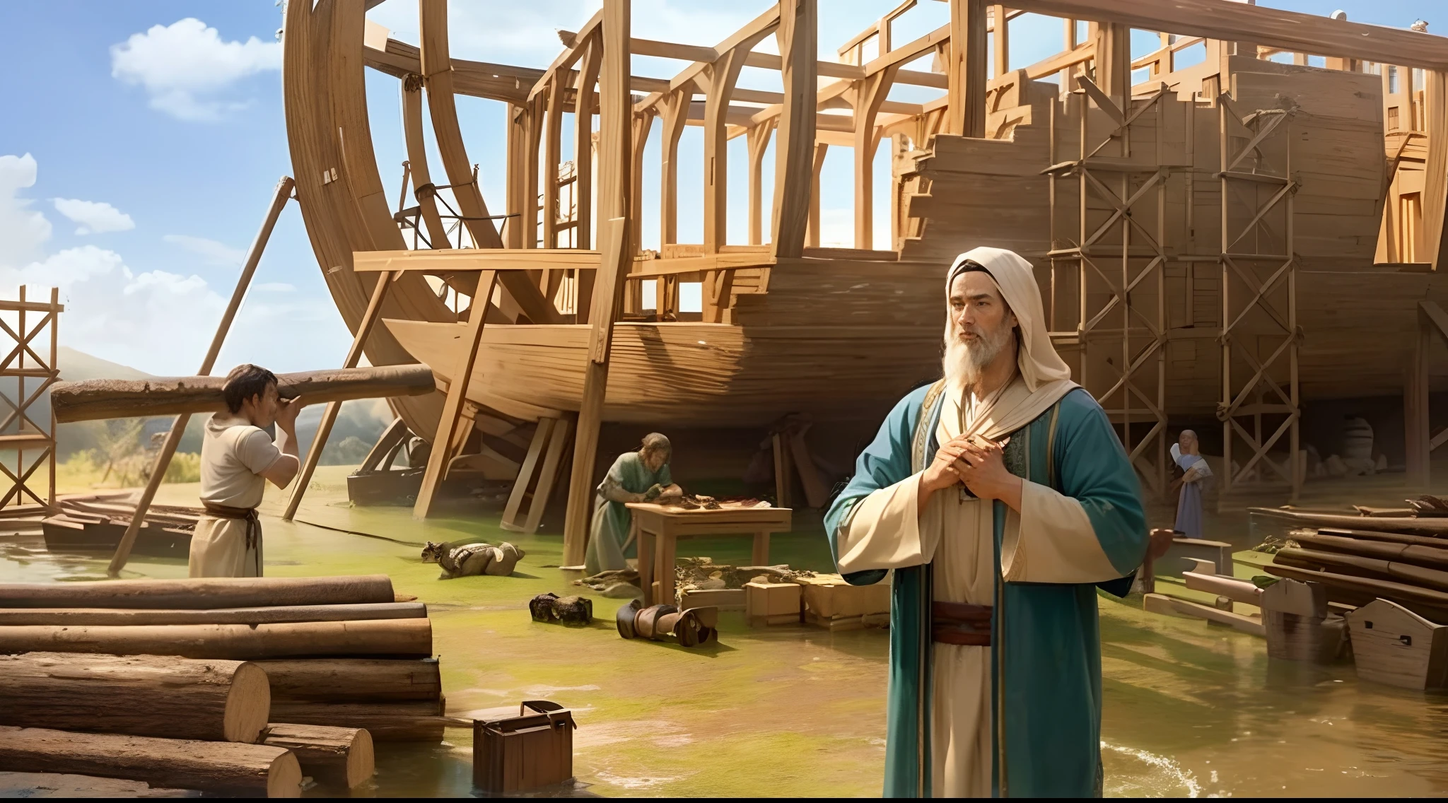 Describe a scene in which Noah, sua esposa, and his sons building the ark to prepare for the impending flood."