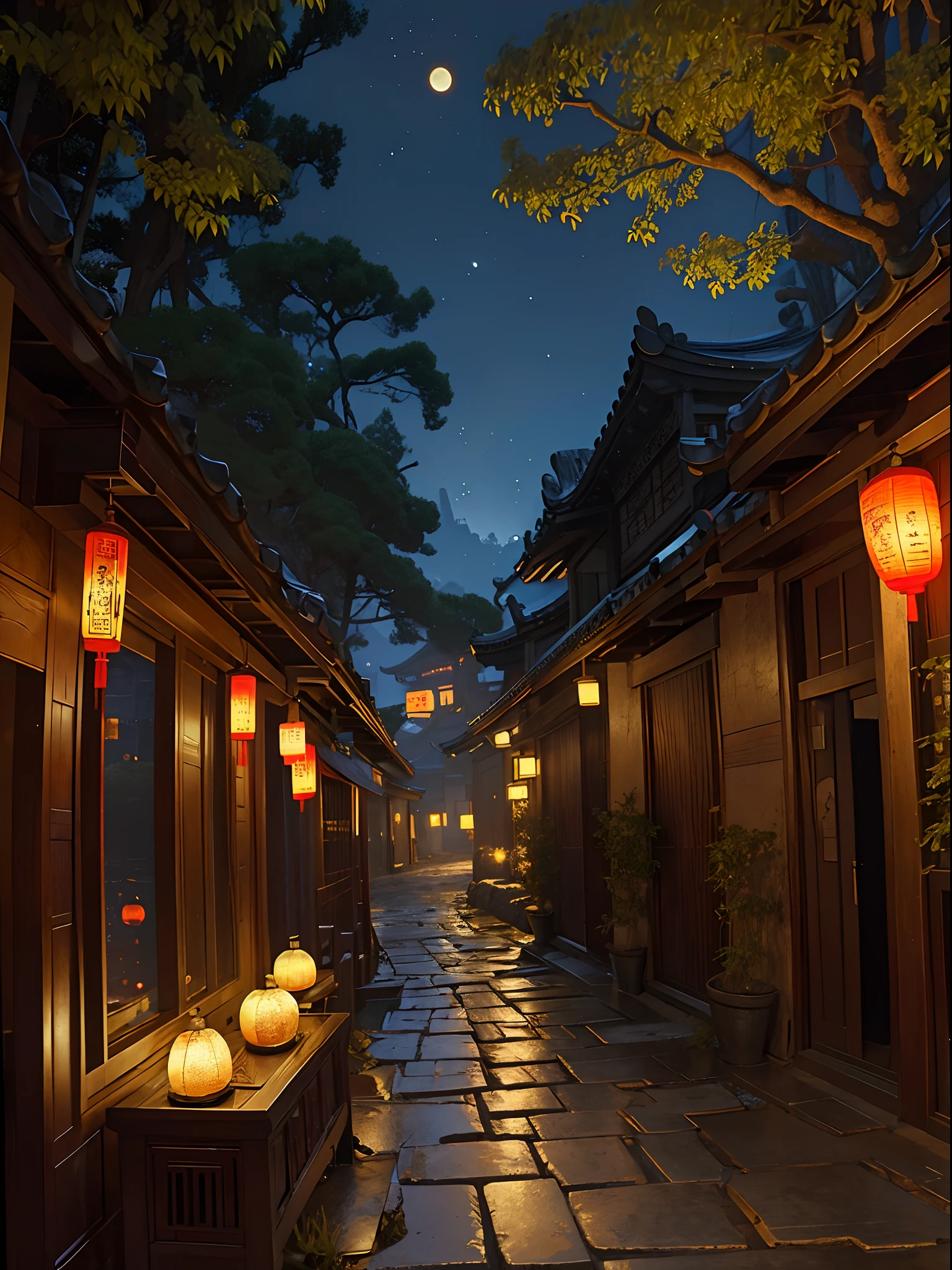 Official Art, Ancient China, Ancient Streets, (Lots of Fireflies), (Night), (Moon), Lights, Beautiful Landscapes, Epic Landscapes, Realistic Lighting, Masterpieces, High Quality, Beautiful Graphics, High Detail, Global Illumination, Unreal Engine Rendering, Octane Rendering, (HDR:1.3)