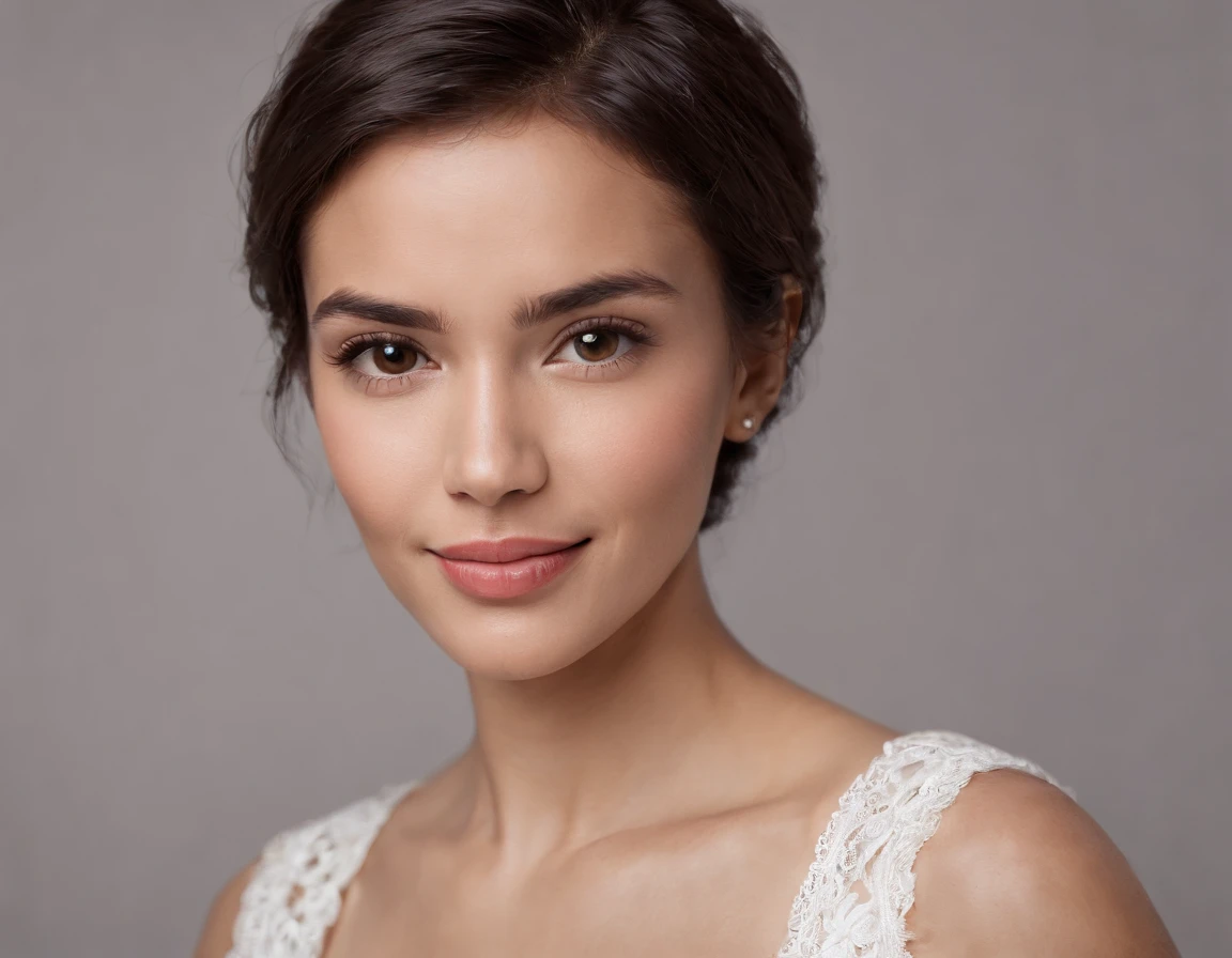 ((South American Latino)), (Latino woman), (photo: 1.3) af (photorealism: 1.3), frontal close-up, soft light, clear face, happy, cheerful, warm light, white t-shirt, (gray and white background), (blank background), (gray wall background) avatar, (short hair), smile, short hair, smile, (close-up)