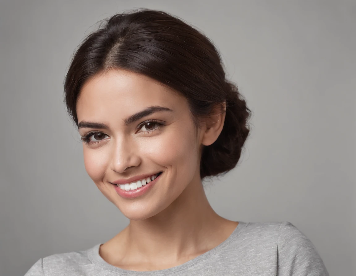 ((South American Latino)), (Latino woman), (photo: 1.3) af (photorealism: 1.3), frontal close-up, soft light, clear face, happy, cheerful, warm light, white t-shirt, (gray and white background), (blank background), (gray wall background) avatar, (short hair), smile, short hair, smile, (close-up)