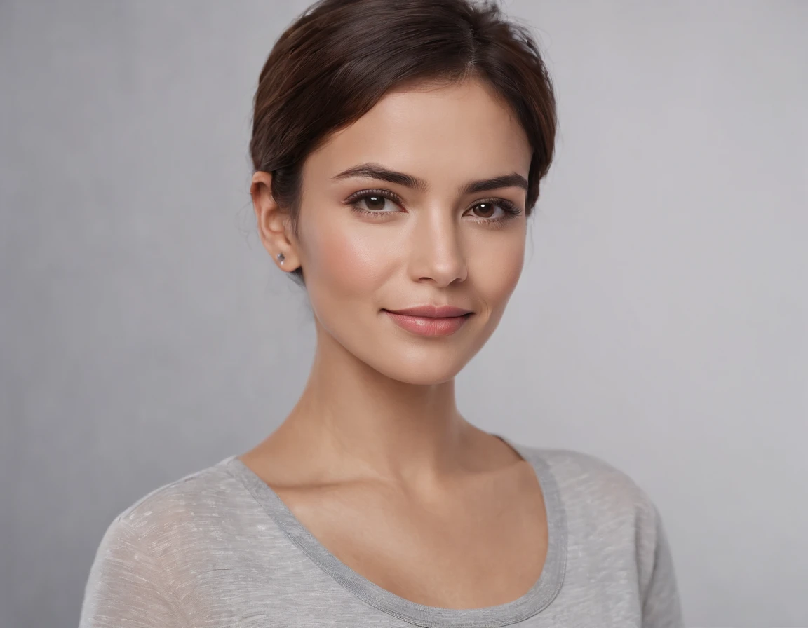 ((South American Latino)), (Latino woman), (photo: 1.3) af (photorealism: 1.3), frontal close-up, soft light, clear face, happy, cheerful, warm light, white t-shirt, (gray and white background), (blank background), (gray wall background) avatar, (short hair), smile, short hair, smile, (close-up)