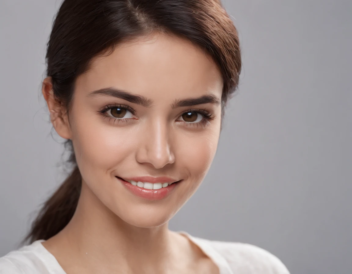 ((South American Latino)), (Latino woman), (photo: 1.3) af (photorealism: 1.3), frontal close-up, soft light, clear face, happy, cheerful, warm light, white t-shirt, (gray and white background), (blank background), (gray wall background) avatar, (short hair), smile, short hair, smile, (close-up)