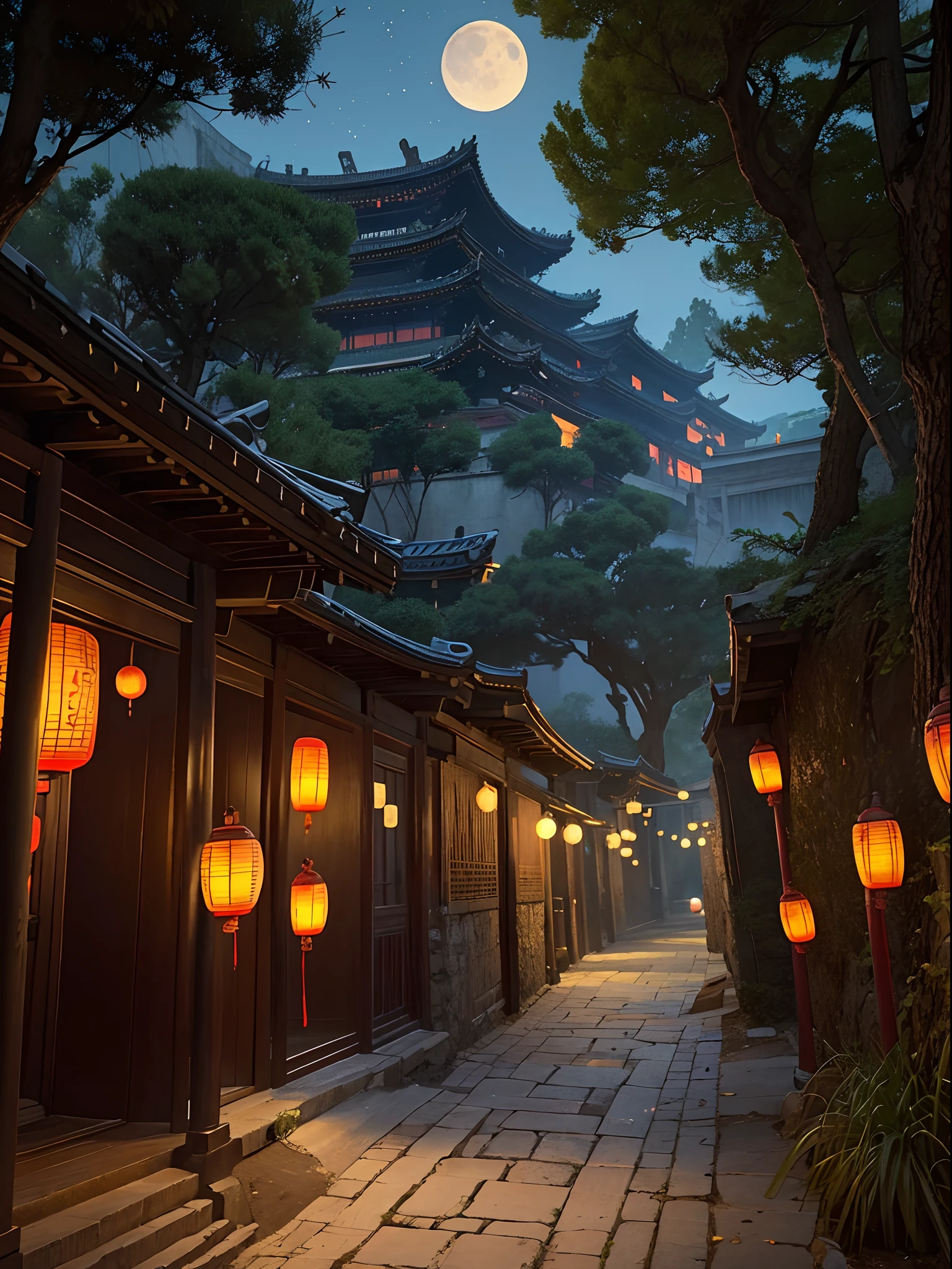 Official Art, Ancient China, Ancient Streets, (Lots of Fireflies), (Night), (Moon), Lights, Beautiful Landscapes, Epic Landscapes, Realistic Lighting, Masterpieces, High Quality, Beautiful Graphics, High Detail, Global Illumination, Unreal Engine Rendering, Octane Rendering, (HDR:1.3)