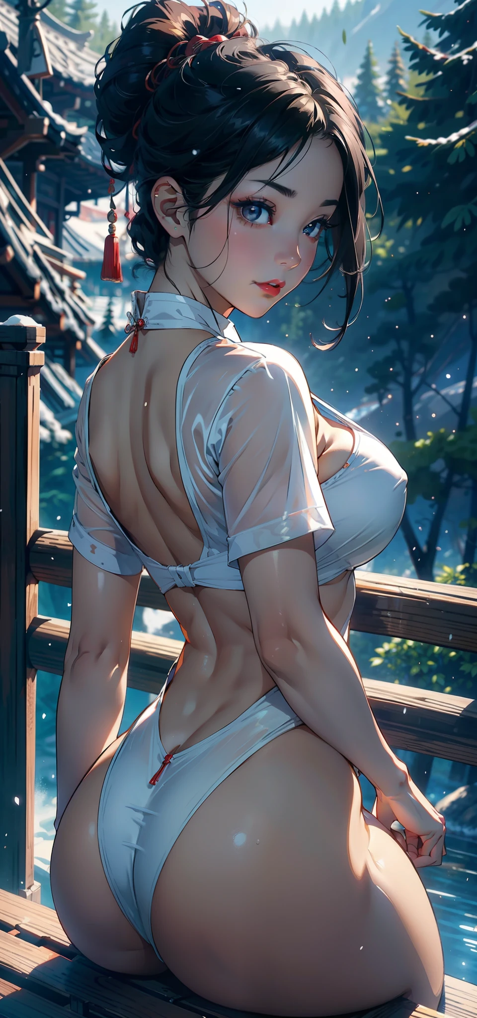 1female，35yo，Bigchest， 独奏，（Background with：coniferous forest，volcanoes，hot onsen）Lying on the railing ，She has short black hair，bobo head，seen from the front， hair straight，，（（（tmasterpiece），（Very detailed CG unity 8K wallpaper），best qualtiy，cinmatic lighting，detailed back ground，beatiful detailed eyes，Black eyes，Snow-whiteskin，Redlip（Very fine and beautiful），（Beautiful and detailed eye description），ultra - detailed，tmasterpiece，））facing at camera，A high resolution，ultra - detailed），revealing breasts，Bare genitalia，  Bulge，legs are open，Raised sexy，Camel toes，Flushed complexion，Desire for dissatisfaction，Lateral face，Red transparent cheongsam