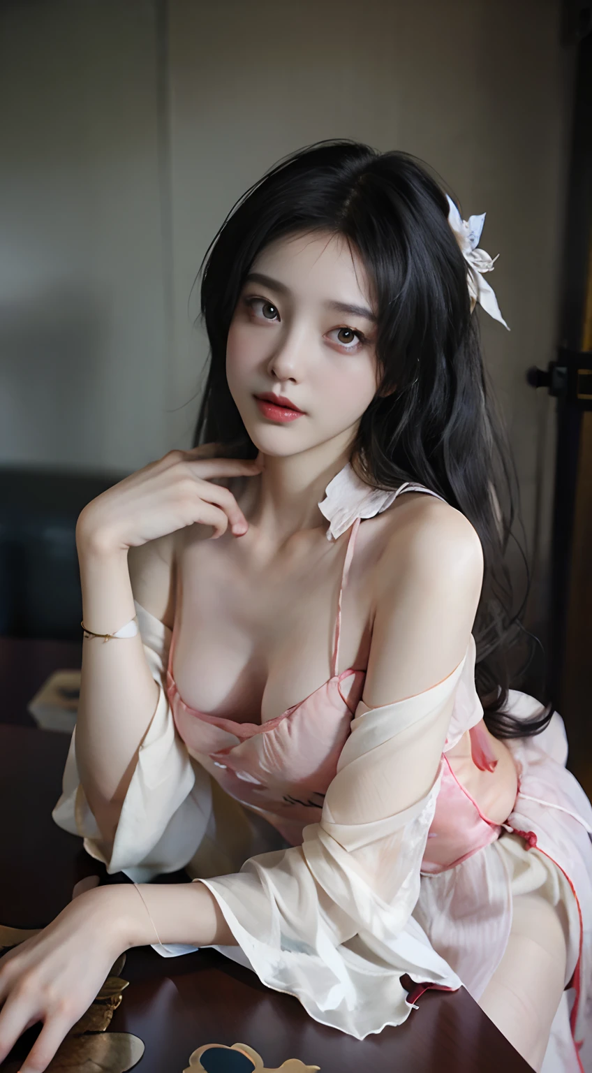 Chang'e,Moon,Hanfu,period costume,Tang and Song court costumes,Huge Moon,sitted,Holding a big rabbit,Skysky,Sit Pose,Top CG,Highest image quality,tmasterpiece,Delicate and delicate beautiful girl,(Tall and tall),Royal sister,Queen temperament,with fair skin,(((long leges))),Perfect facial features,Bright eyes,Enchanting pose,Red lips,Beautiful and cold, (((big breasts))),Beautiful and handsome,Long black silky hair,glittery,Skin is visible through see-through,(((Floral dress))),8K quality,(Realistic portraits),(((Lie on the long desk))),Characters fill the frame,((Face lighting)),(((Lie down))),A shirt with an open chest,JK skirt,White knee-length stockings,