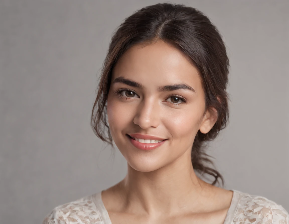 ((South American Latino)), (Latino woman), (photo: 1.3) af (realism: 1.3), frontal close-up, soft light, clear face, happy, cheerful, warm light, white t-shirt, (grey and white background), (blank background), (gray wall background) avatar, (short hair), smile, braids, smile, (close-up)