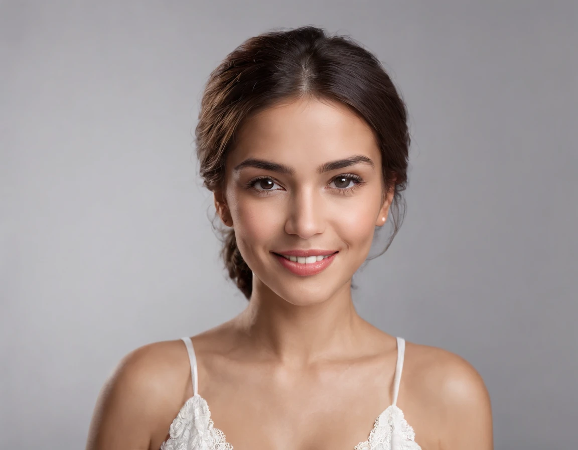 ((South American Latino)), (Latino woman), (photo: 1.3) af (realism: 1.3), frontal close-up, soft light, clear face, happy, cheerful, warm light, white t-shirt, (grey and white background), (blank background), (gray wall background) avatar, (short hair), smile, braids, smile, (close-up)