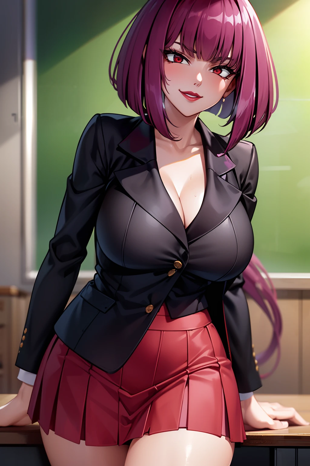 One person,oboro, Mature Woman,Purple Hair, short hair, bangs, eye shadow, Low Ponytail, lipstick, compensate, Detailed face, Red eyes,Large Breasts，Erect nipples, Black jacket, White shirt, teacher,Suit skirt,office,smile,Sitting,On the table,