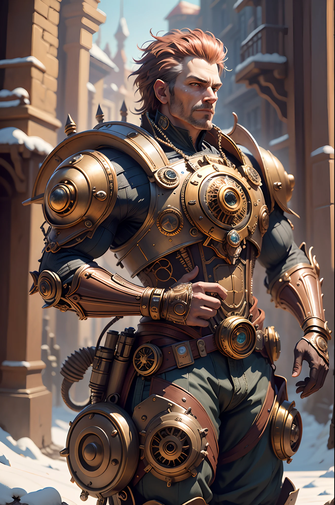 ((Best quality)), ((Masterpiece)), (Detailed), Steampunk 35 yo beast with red gl0w1ngR, (Muscular:1.2), Cowboy shot, Portrait, Armor, [Grey | Dark | whaite hair], meccog, gear wheel, 5 fingers, The detailed hand, quickhands, highly details eye, Look into the distance, workshop, winter, Snow, hyper photorealism, rim lit, Fantasy sci-fi creatures, Ultra photo realsisim, steampunc, intricatedesign, insanely details, (Cinematic, Ultra HD textures, Highly detailed, intricately details,  Photorealistic, concept-art, Matte painting, autodesk maya, vray render, Ray tracing, hdr)