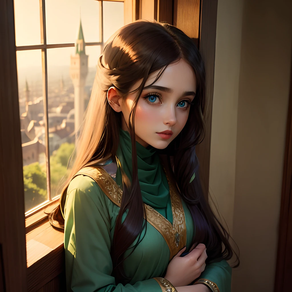 Cute girl blue eyes, long brown hairs, smooth face, long green kameez, green shalwaar, red lipstick, looking out from a window of a Muslim castle, and beautiful hair style