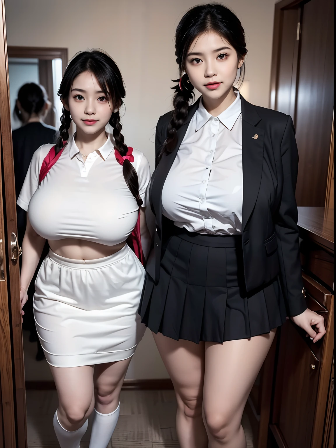 underage girl,Immature face,Cute temperament,Short stature,pigtails,partedbangs,ssmile,super gigantic breasts,Muscles throughout the body,little belly,(plumw,slightly fat big breasts),gigantic hip,fat hips,Huge ass,gigantic hip,The legs are long,beautiful foot,(((One was wearing a school uniform,A short girl with a childish face and a girl in a suit are tall,Burly and tall mature female teachers standing together)))