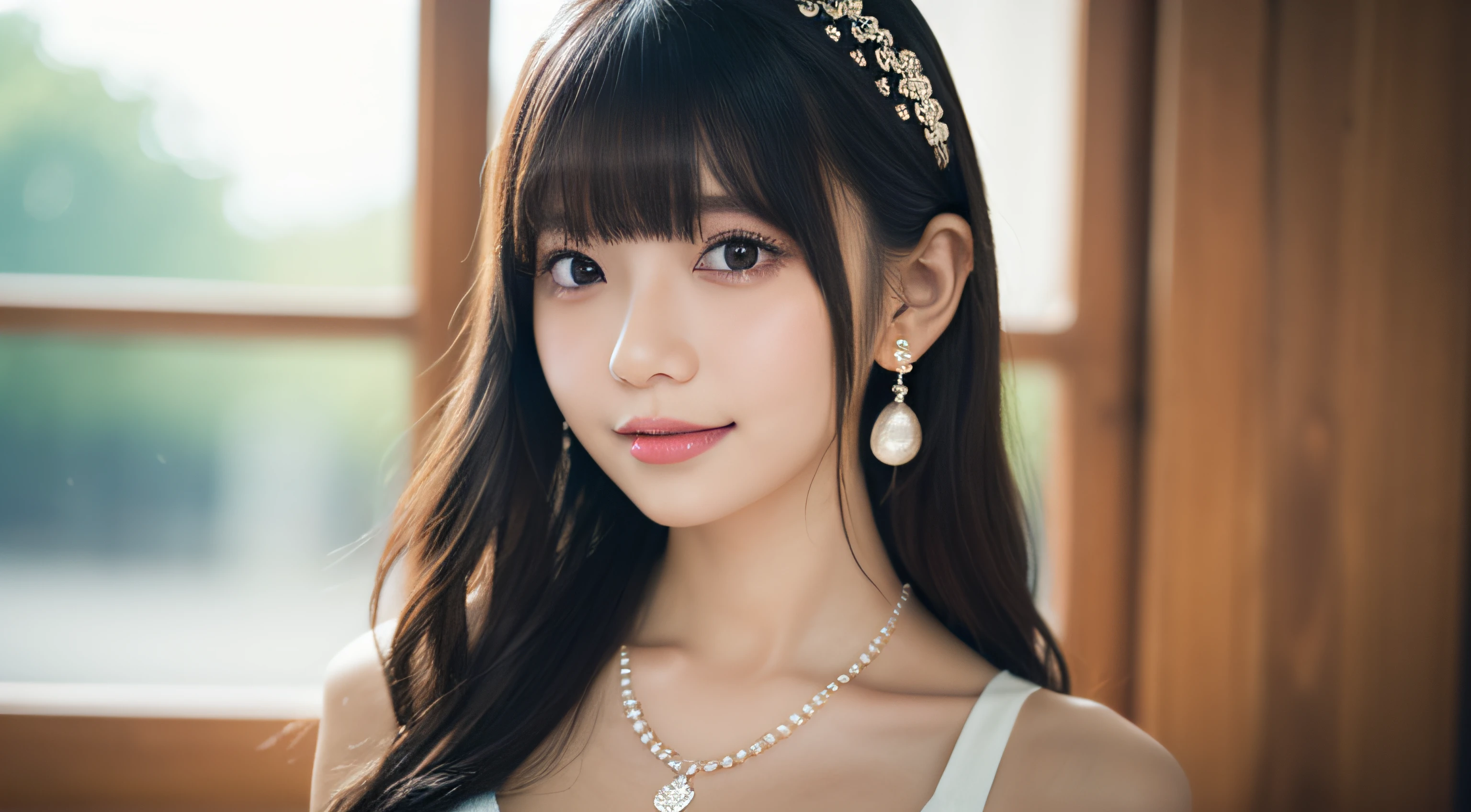 A girl,wedding dress,,bangs bangs,Upper body,(White background),Armpit,(Black straight long hair),(raise both hands),(tiara)