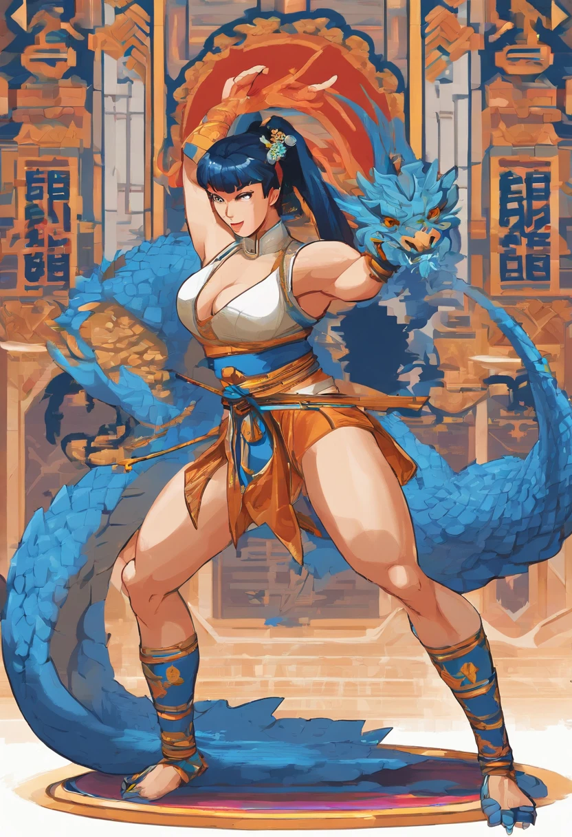(best quality,4k,8k,highres,masterpiece:1.2),ultra-detailed,realistic,yoga pants,Chun-Li with a big and curvy posterior,muscular legs,strong physique,strawberry blonde hair,totally focused expression,intense eyes,determined facial features,martial arts expert,hands in a fighting stance,beautifully embroidered martial arts outfit,Chinese dragon motif,sparkling gold trim,energetic pose,training in a serene mountaintop dojo,bamboo forest in the background,faint misty atmosphere,ray of sunlight breaking through the trees,leaves gently falling,powerful kicks,surroundings vibrating from the force,cracking sound of impact,highly detailed muscles,effortlessly fluid movements,precision and grace,deep sense of concentration,fierce spirit,electric blue lighting illuminating Chun-Li's figure,enhancing her strength and beauty,contrast of vibrant colors against a serene landscape,dynamic and powerful composition.