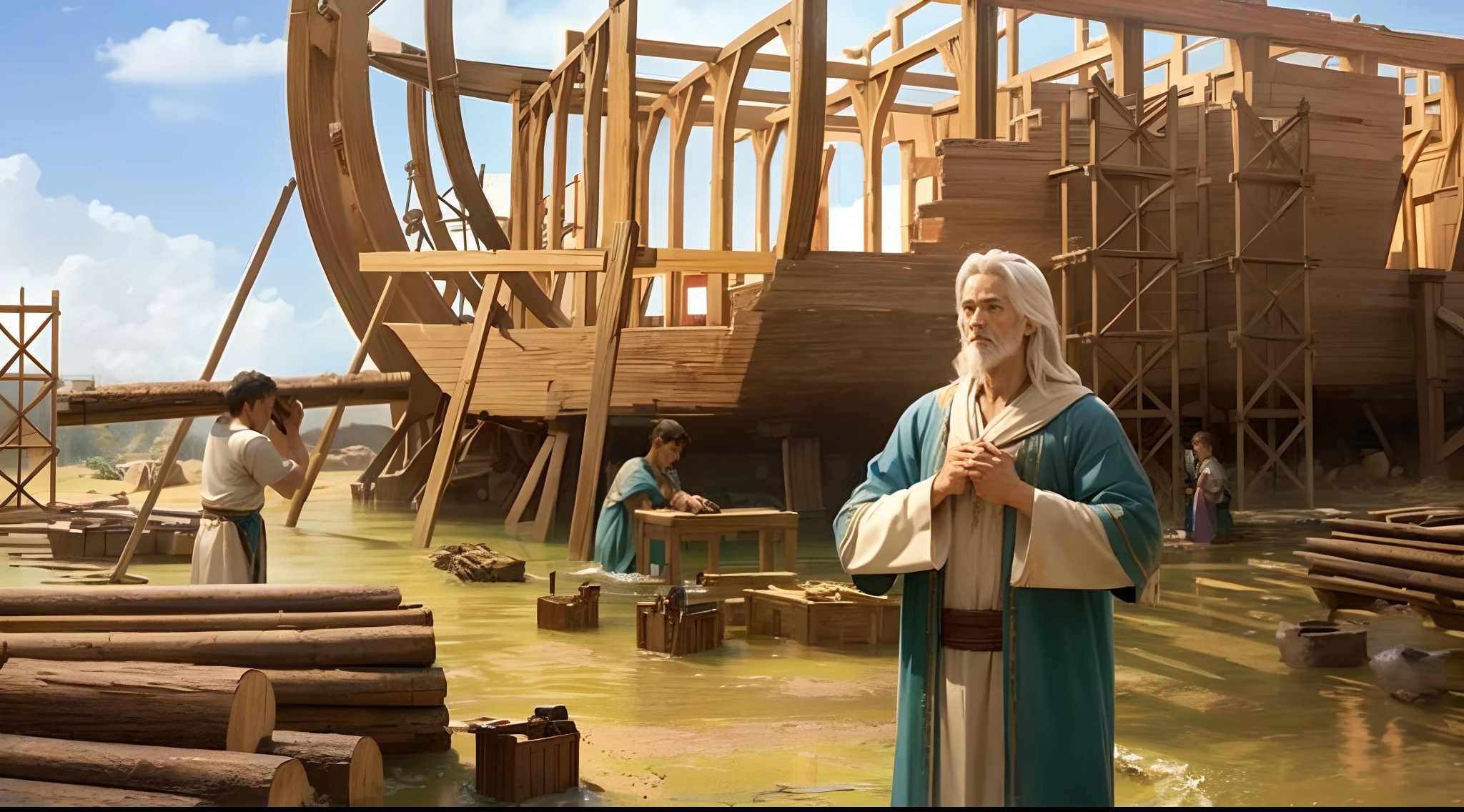 Describe a scene in which Noah, sua esposa, and his sons building the ark to prepare for the impending flood."