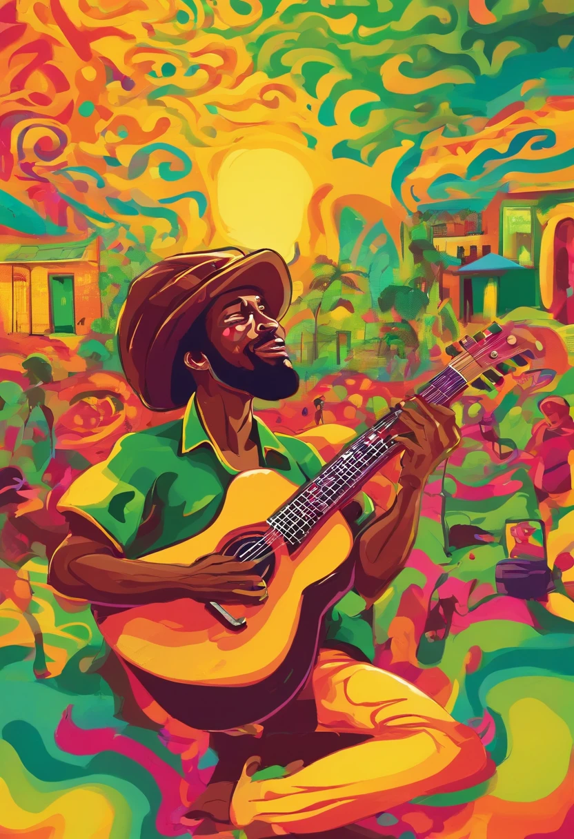 jamaica reggae, people in a square in Jamaica listening to a man playing the guitar sitting on the sidewalk. Pure reggae vibes