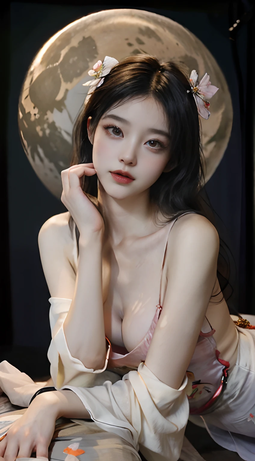 Chang'e,Moon,Hanfu,period costume,Tang and Song court costumes,Huge Moon,sitted,Holding a big rabbit,Skysky,Sit Pose,Top CG,Highest image quality,tmasterpiece,Delicate and delicate beautiful girl,(Tall and tall),Royal Sister,Queen temperament,with fair skin,(((long leges))),Perfect facial features,Bright eyes,Enchanting pose,Red lips,Beautiful and cold, (((Big breasts))),Beautiful and handsome,Long black silky hair,glittery,Skin is visible through see-through,(((Floral dress))),8K quality,(Realistic portraits),Characters fill the frame,((Face lighting)),(((Lie down)))