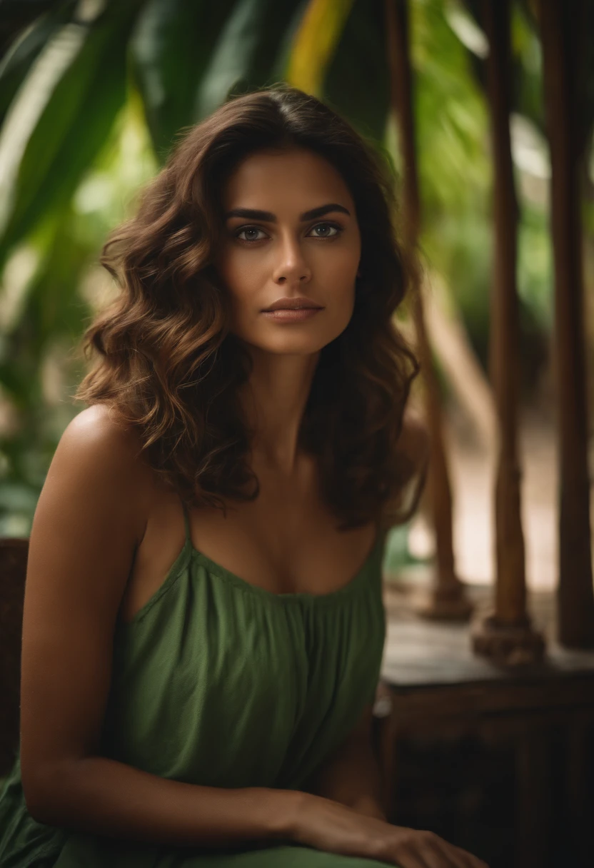 Portrait d'une femme brune cheveux long les yeux vert noisette la peau mate assise dans une ambiance chaleureuse et tropical