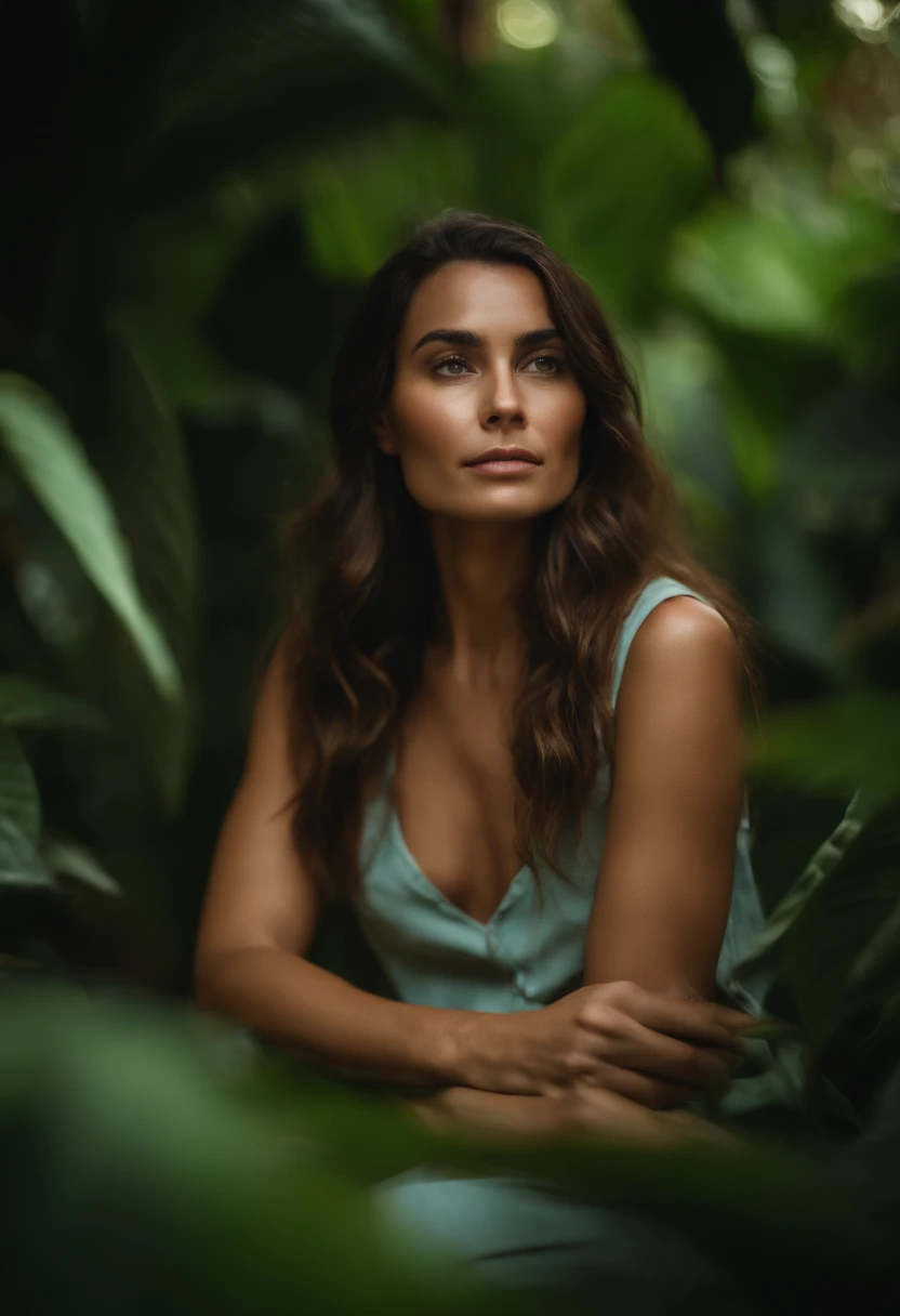 Portrait d'une femme brune cheveux long les yeux vert noisette la peau mate assise dans une ambiance chaleureuse et tropical