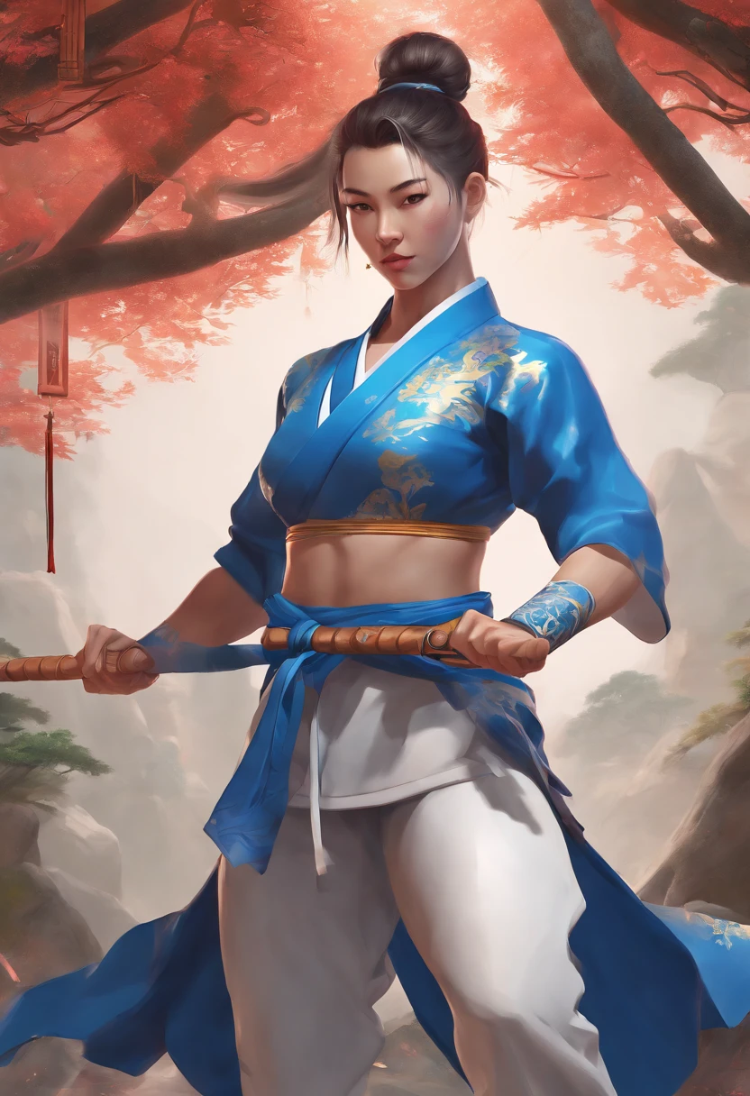 (best quality,4k,8k,highres,masterpiece:1.2),ultra-detailed,realistic,yoga pants,Chun-Li with a big and curvy posterior,muscular legs,strong physique,strawberry blonde hair,totally focused expression,intense eyes,determined facial features,martial arts expert,hands in a fighting stance,beautifully embroidered martial arts outfit,Chinese dragon motif,sparkling gold trim,energetic pose,training in a serene mountaintop dojo,bamboo forest in the background,faint misty atmosphere,ray of sunlight breaking through the trees,leaves gently falling,powerful kicks,surroundings vibrating from the force,cracking sound of impact,highly detailed muscles,effortlessly fluid movements,precision and grace,deep sense of concentration,fierce spirit,electric blue lighting illuminating Chun-Li's figure,enhancing her strength and beauty,contrast of vibrant colors against a serene landscape,dynamic and powerful composition.