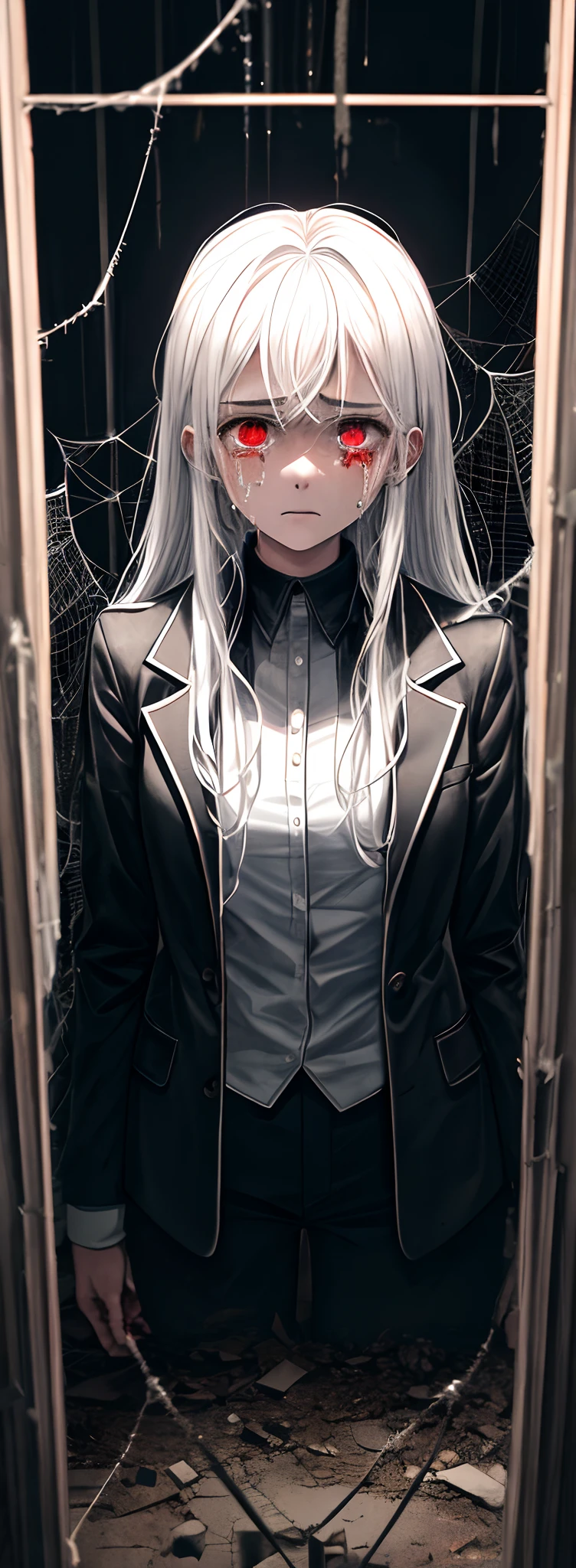 1girll, White hair, Red eyes, (s girl_Shot:1.2), Face focus, Long hair, side locks,Collapsed crying,Extreme panic,After being violated ,Scared,(terrified:1.1) expression, Place one hand behind your back, Atmospheric lighting, Moody, Darkness, In an abandoned old museum, Clear glass display case full of interesting items, Dusty, Post-apocalypse, spiderwebs, masterful, Beautiful 8k wallpaper, Extremely detailed, Intricate,Wear a black and white suit,Broken clothes,Bleeding in the lower body