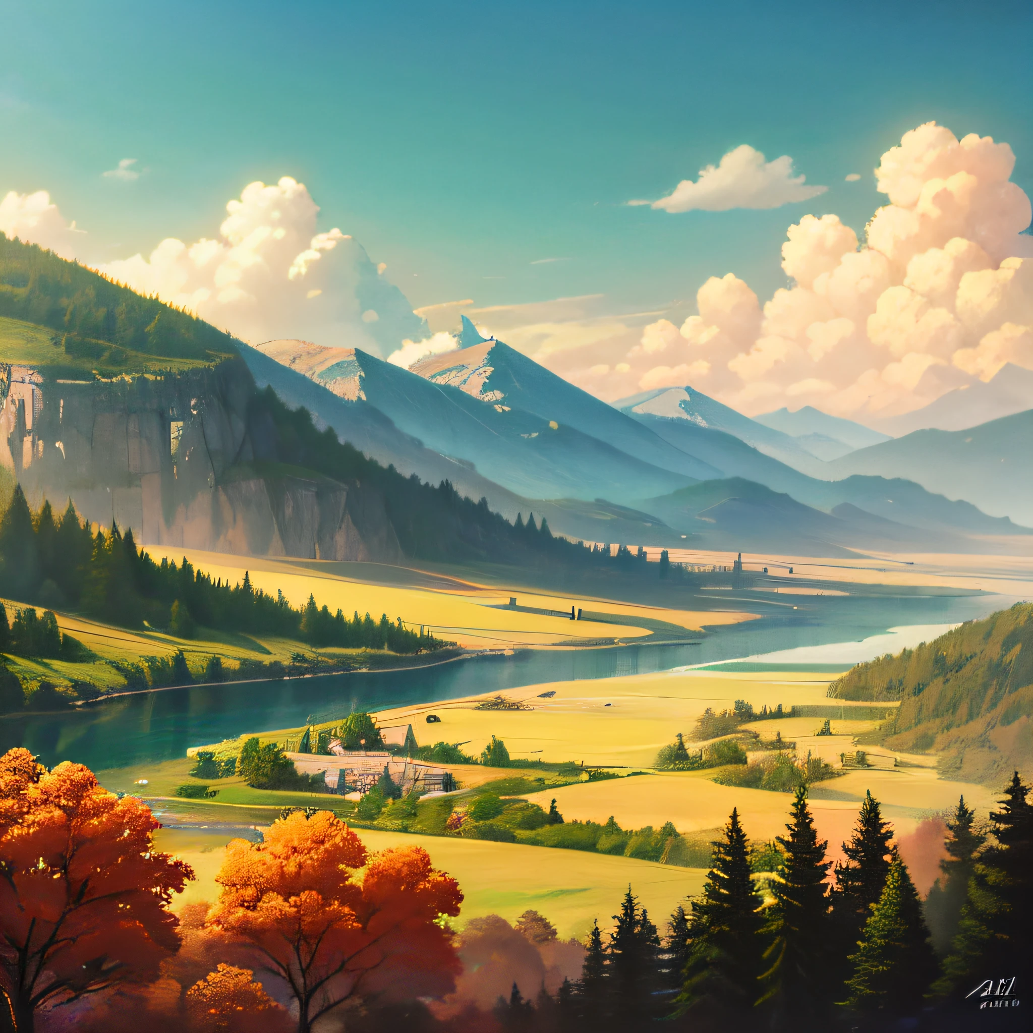 a painting of a mountain landscape with a river and a valley, scenery artwork, anime countryside landscape, anime landscape, scenery art detailed, japanese art style, 4k digital painting, 4 k digital painting, digital 4k painting, jen bartel, stunning art style, digital landscape art, detailed digital painting, 8k high quality detailed art, super detailed color lowpoly art