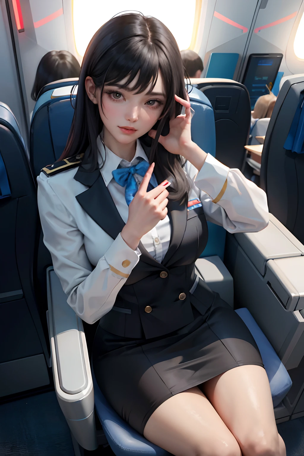 (masterpiece:1.2, best quality), 1lady, solo, Flight attendant, Uniform, Airplane, Serving passengers, Providing safety instructions, Responding to emergencies, bangs, (shiny skin:1.15),
