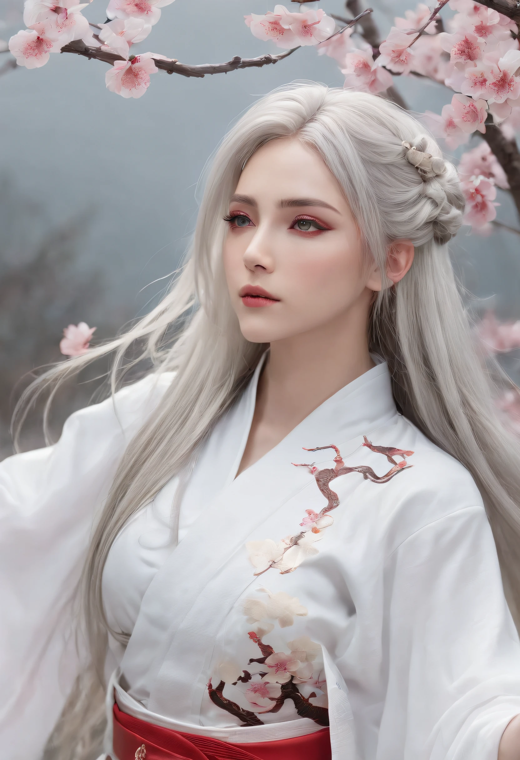 Cirilla Fiona Elen Riannon,动态照明,art stations,poster for,Volumetriclighting,Very detailed faces,4k wallpapers,He has a delicate and beautiful face,long hair flowing,horse tailed,Fringed Hair Ornament,Dynamic perspective,White Hanfu,White gauze flying,red waistband,Sexy,Tradition Chinese Ink Painting,Surrounded by clouds,fog atmosphere,cherry blossom,Ride a white dragon,White dragon horn,dynamic viewing angle,电影灯光