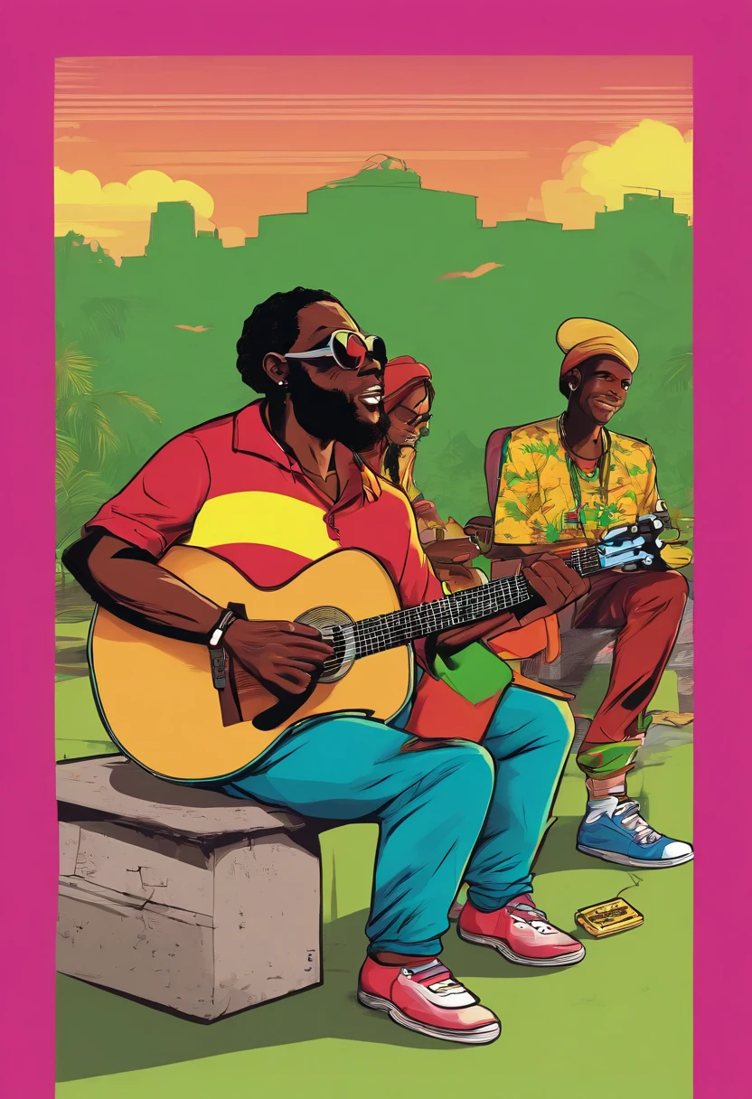 reggae jamaica, people in a square in Jamaica listening to a man playing guitar sitting on the sidewalk. Pure reggae vibes