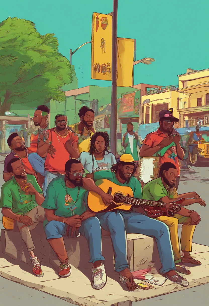 reggae jamaica, people in a square in Jamaica listening to a man playing guitar sitting on the sidewalk. Pure reggae vibes