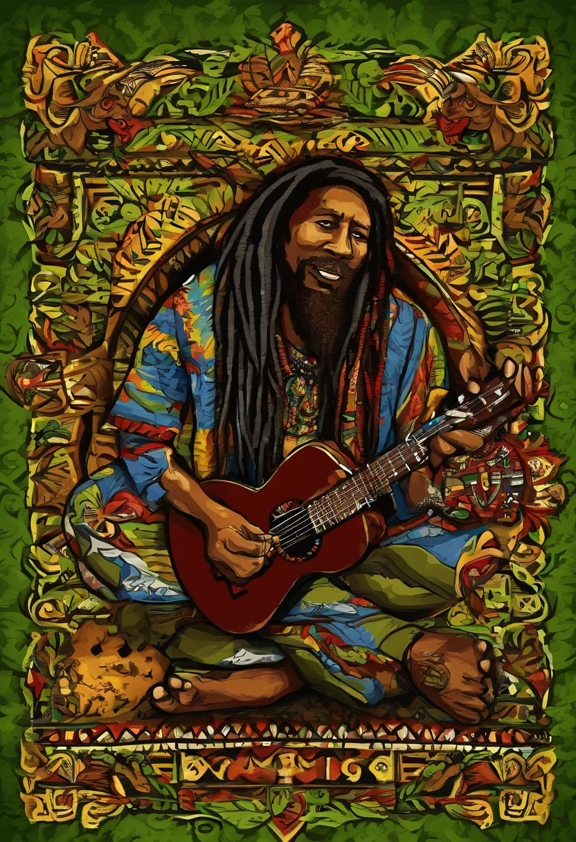 reggae jamaica, people in a square in Jamaica listening to a man playing guitar sitting on the sidewalk. Pure reggae vibes