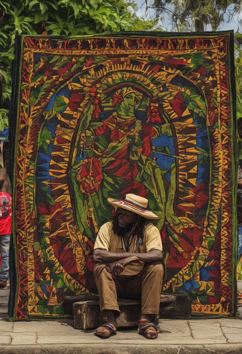 reggae jamaica, people in a square in Jamaica listening to a man playing guitar sitting on the sidewalk. Pure reggae vibes