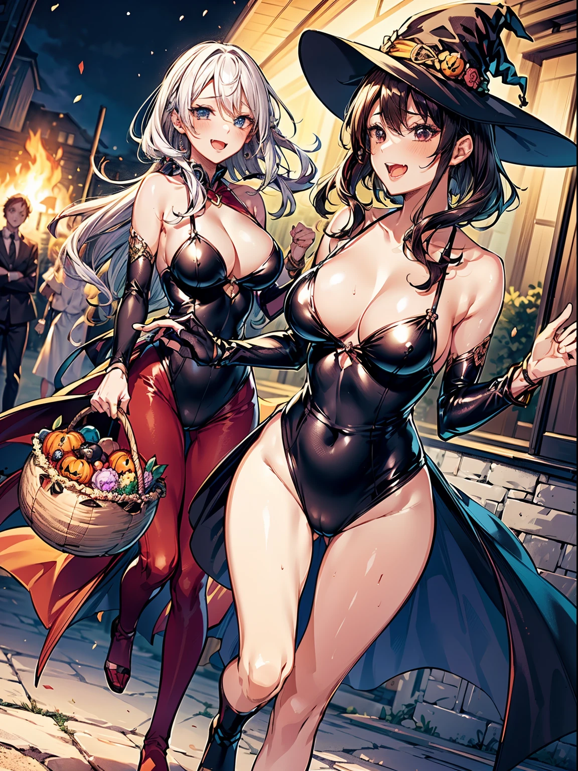 Pair shot, cute 2 anime girls (running fast:1.2), in front of a bonfire, (2Girls, pair:1.2), cozy wallpaper, anime moe artstyle, kantai collection style, 4 k manga wallpaper, anime visual of a cute girl, anime wallaper, anime style 4 k, trick or treat, halloween, Jack O lantern, basket filled of many candies, ((high detailed witch outfits:1.2, robe, witch's pointing hats)), (vampire costume:1.2), ((dark chestnut medium short hair:1.25, updo, wavy hair)), outdoor, in a park, (blurry background, bokeh), (in a night:1.2), ((ultra high resolution, 8K RAW photo, photo realistics:1.2)), fine detailed face, beautiful detailed eyes, ultra detailed smooth skin, (looking away, laughing, surprising), ((sfw:1.25)), (correct anatomy:1.5), (dutch angle, wide shot:1.3), from above,