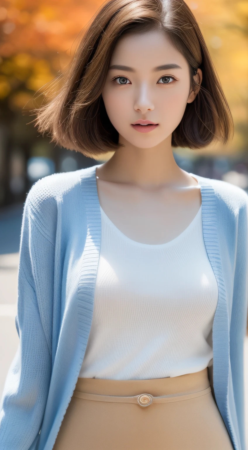(photographed:1.2)、(Photorealsitic:1.4)、(masterpiece:1.3)、(top-quality:1.4)、超A high resolution、(A detailed eye)、(detailed facial features)、(detailed clothes features)、8K分辨率、solofocus、bangss、Double eyelids、Beautiful lips、toned legs、(Slender girl)、(a japanese girl)、(Japan Faces)、1 girl in、Slim Beauty:1.3、brown haired、Delicate hair、The background is a row of ginkgo trees、(((Autumn clothes、white shirt)))、(((Light blue long sleeve cardigan)))、(((Beige long skirt)))、In the street、(Beautiful breasts:1.2)、Realistic body、de pele branca、Slim body、(short-hair:1.2)、(bangss: 1.2)、Bruises and ugly face、kawaii faces、Lifelike face、Delicate body、((sexy pose))、stunning lighting
