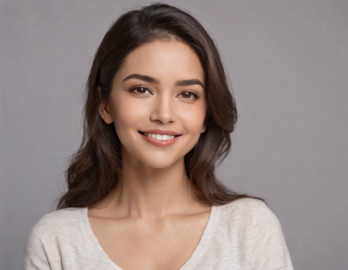 (Photo: 1.3) af (realism: 1.3), (Hispanic), Latina woman profile picture, (frontal close-up), soft light, clear face, happy, cheerful, warm light, white T-shirt, (off-white background), (blank background), ((gray wall background)) avatar, (long hair), smile, beautiful, young,, short hair, smile, (close-up)