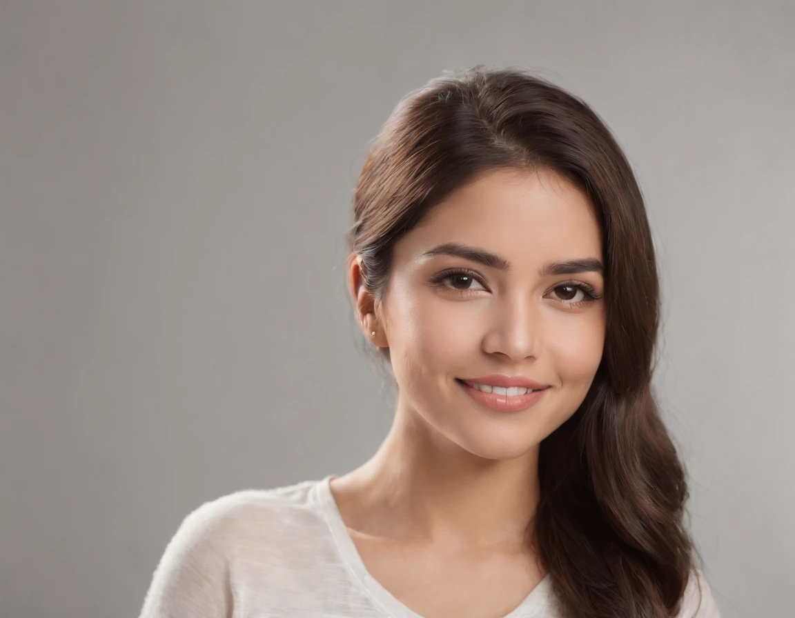 (Photo: 1.3) af (realism: 1.3), (Hispanic), Latina woman profile picture, (frontal close-up), soft light, clear face, happy, cheerful, warm light, white T-shirt, (off-white background), (blank background), ((gray wall background)) avatar, (long hair), smile, beautiful, young,, short hair, smile, (close-up)