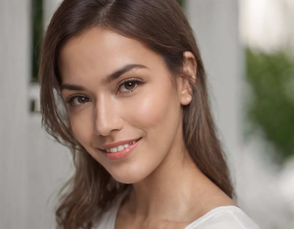 ((South American Latino)), (Latino woman), (photo: 1.3) af (realism: 1.3), frontal close-up, soft light, clear face, happy, cheerful, warm light, white t-shirt, (gray and white background), (blank background), (gray wall background) avatar, (short hair), smile, long hair, smile, (close-up)
