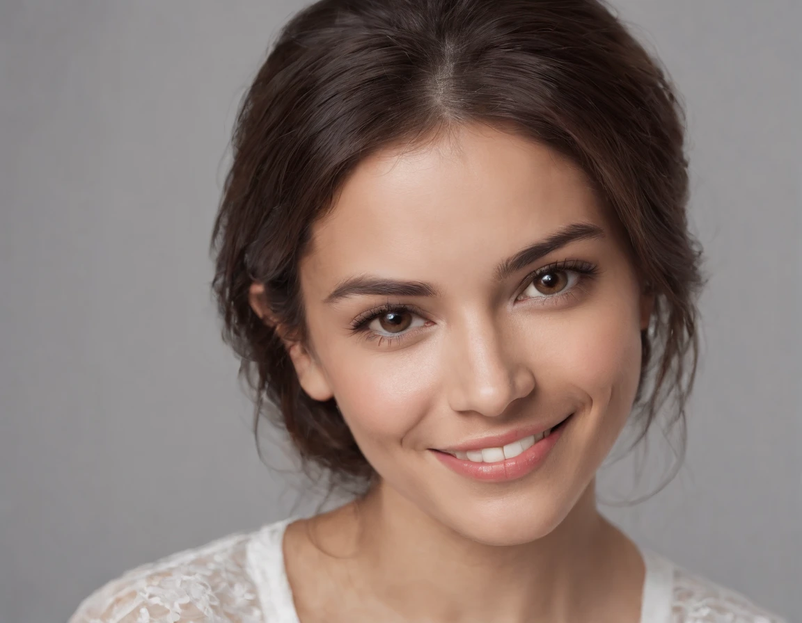 ((South American Latino)), (Latino woman), (photo: 1.3) af (realism: 1.3), frontal close-up, soft light, clear face, happy, cheerful, warm light, white t-shirt, (gray and white background), (blank background), (gray wall background) avatar, (short hair), smile, long hair, smile, (close-up)