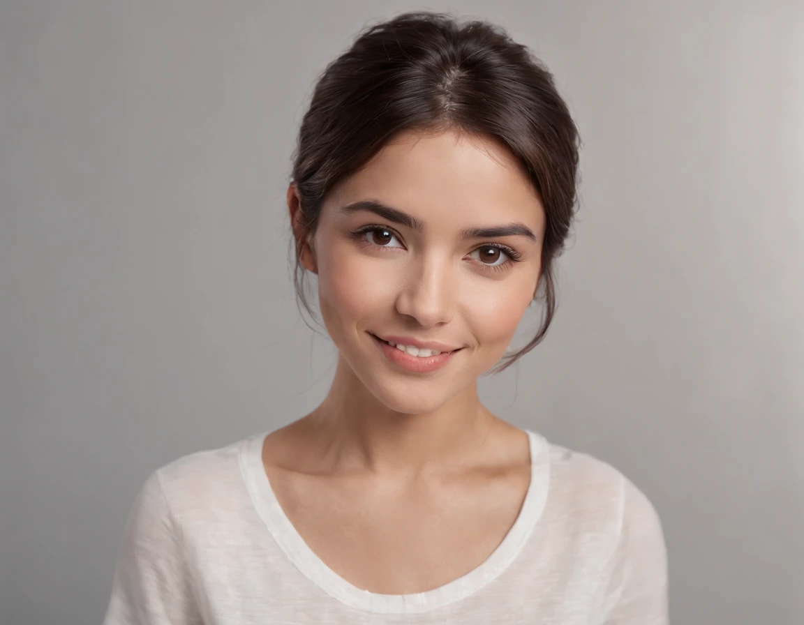 ((South American Latino)), (Latino woman), (photo: 1.3) af (realism: 1.3), frontal close-up, soft light, clear face, happy, cheerful, warm light, white t-shirt, (gray and white background), (blank background), (gray wall background) avatar, (short hair), smile, long hair, smile, (close-up)