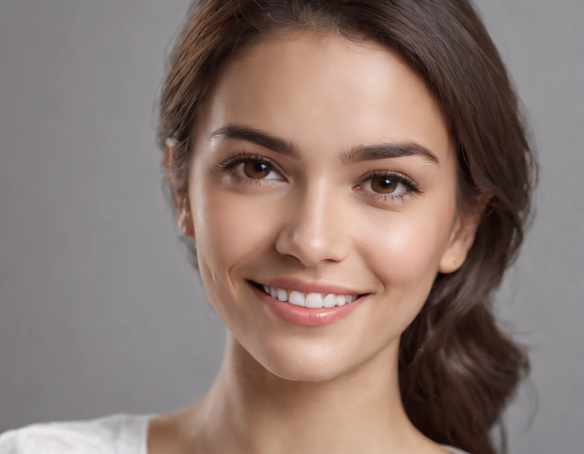 ((South American Latino)), (Latino woman), (photo: 1.3) af (realism: 1.3), frontal close-up, soft light, clear face, happy, cheerful, warm light, white t-shirt, (gray and white background), (blank background), (gray wall background) avatar, (short hair), smile, long hair, smile, (close-up)
