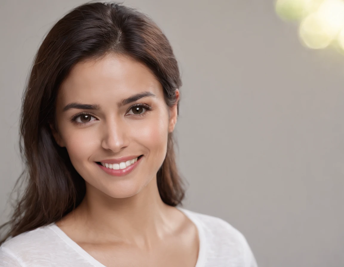 ((South American Latino)), (Latino woman), (photo: 1.3) af (realism: 1.3), frontal close-up, soft light, clear face, happy, cheerful, warm light, white t-shirt, (gray and white background), (blank background), (gray wall background) avatar, (short hair), smile, long hair, smile, (close-up)