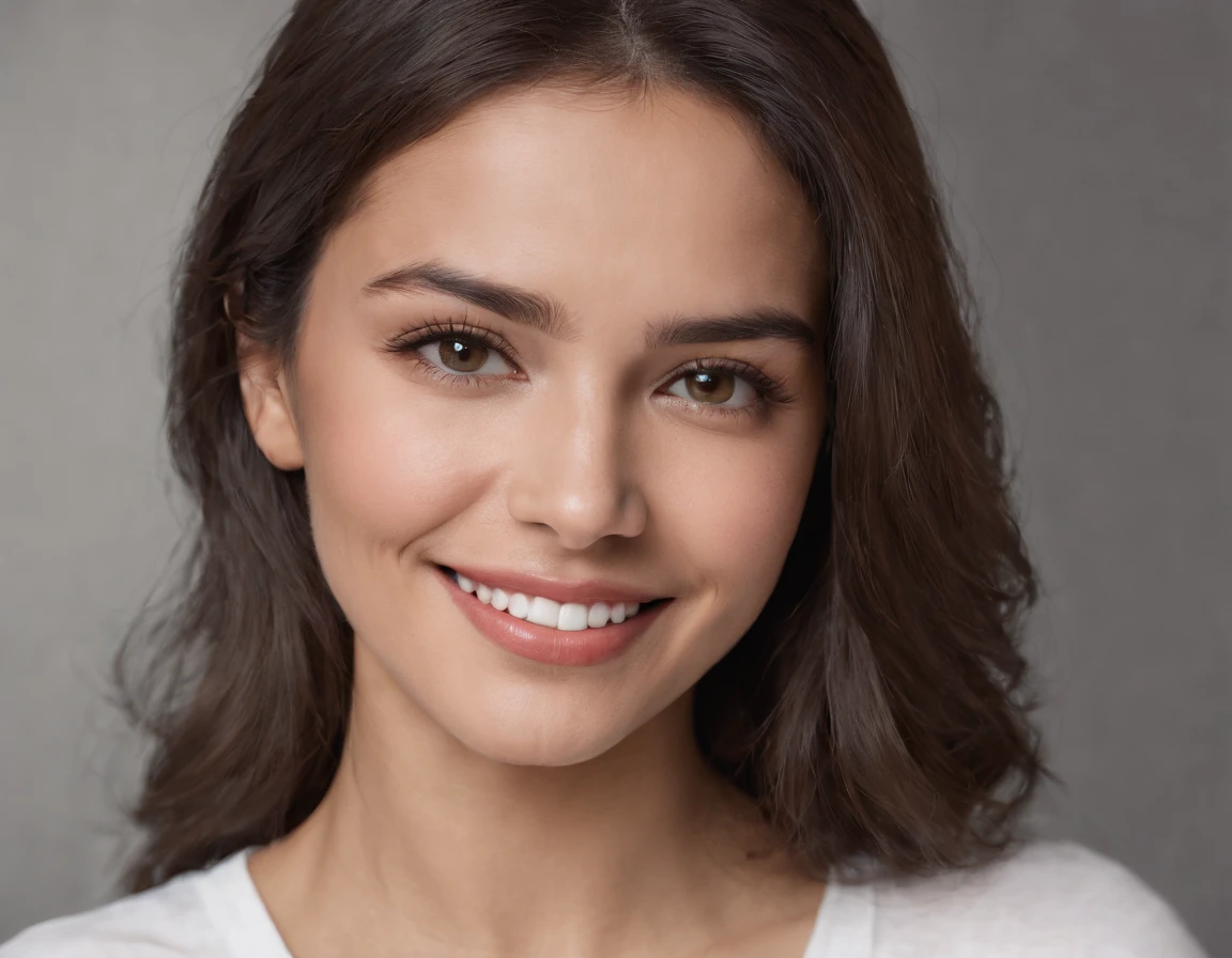 ((South American Latino)), (Latino woman), (photo: 1.3) af (realism: 1.3), frontal close-up, soft light, clear face, happy, cheerful, warm light, white t-shirt, (gray and white background), (blank background), (gray wall background) avatar, (short hair), smile, long hair, smile, (close-up)